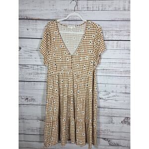 Planet Gold Plus 3X Maxi Dress Women's Brown Gingham Floral Boho Dress